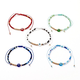 Adjustable Nylon Cord Braided Bead Bracelets, with Evil Eye Lampwork Beads, Textured Brass Beads and Frosted Glass Beads