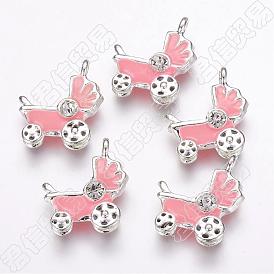 Baby Carriage Alloy Enamel Pendants, with Rhinestone, Silver Color Plated, 22x19x6mm, Hole: 2mm