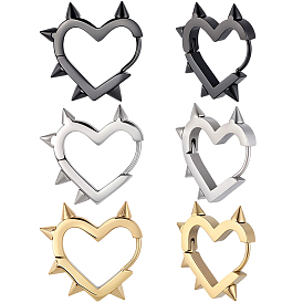 6Pcs 3 Colors Stainless Steel Hoop Earrings, Heart with Rivet