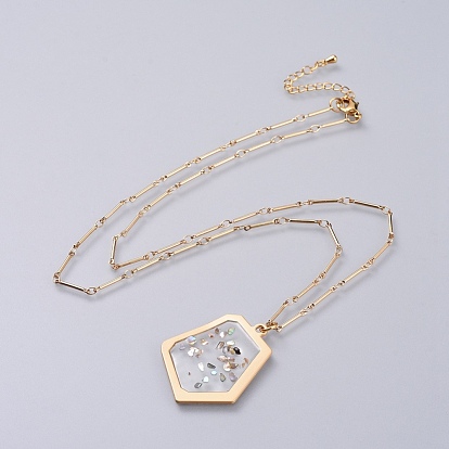 Epoxy Resin Pendant Necklaces, with Shell, Brass Bar Link Chains and Lobster Claw Clasps