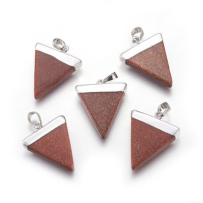 Synthetic Goldstone Pendants, Triangle Charms with Platinum Plated Brass Findings