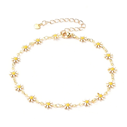 Brass Enamel Daisy Link Chain Anklets, with 304 Stainless Steel Lobster Claw Clasps & Heart Charms