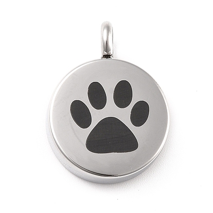 304 Stainless Steel Urn Pendants, Flat Round with Paw Print Pattern