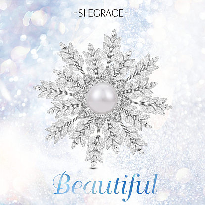 SHEGRACE Brass Safety Brooch, with Grade AAA Cubic Zirconia and Shell Pearl, Snowflake
