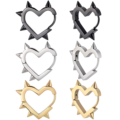 6Pcs 3 Colors Stainless Steel Hoop Earrings, Heart with Rivet