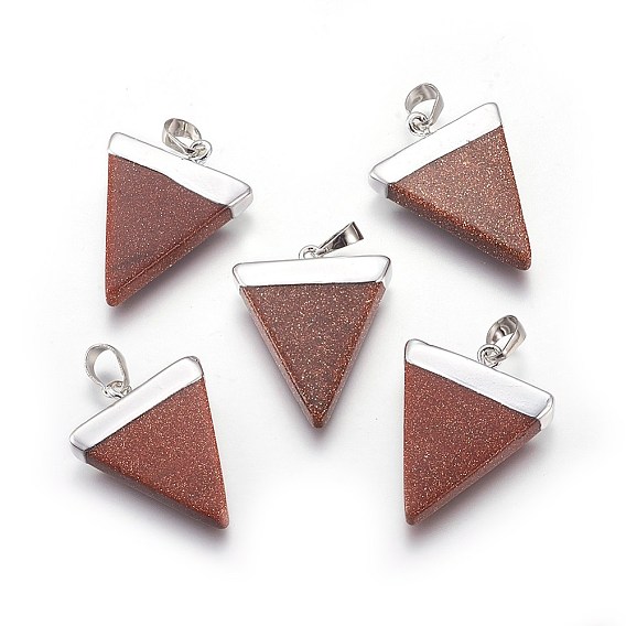 Synthetic Goldstone Pendants, Triangle Charms with Platinum Plated Brass Findings