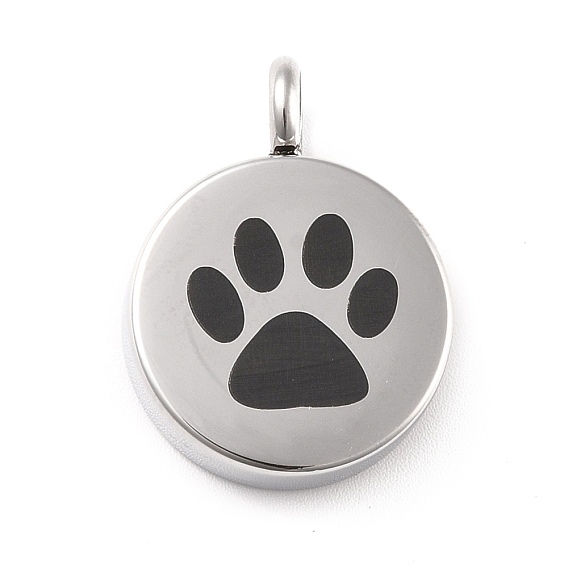 304 Stainless Steel Urn Pendants, Flat Round with Paw Print Pattern