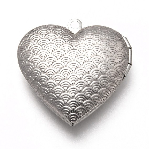 316 Stainless Steel Locket Pendants, Photo Frame Charms for Necklaces, Heart with Wave Pattern