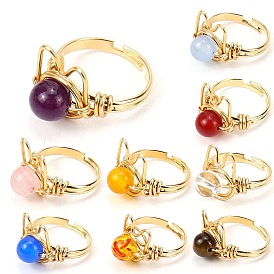Natural Mixed Gemstone Adjustable Ring, Cat Shape Brass Wire Wraped Ring