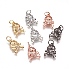 Brass Micro Pave Cubic Zirconia Charms, Long-Lasting Plated, Halloween Theme, Skull, Clear
