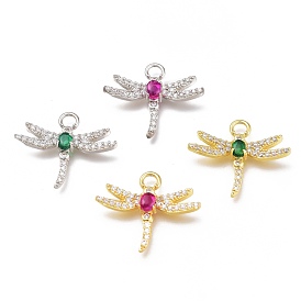 Brass Micro Pave Cubic Zirconia Pendants, Long-Lasting Plated, Dragonfly Shape