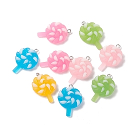 Frosted Luminous Resin Pendants, with Platinum Tone Iron Loops, Round Lollipop Charms