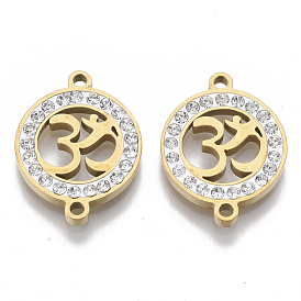 201 Stainless Steel Links/Connectors, with Polymer Clay Crystal Rhinestone, Flat Round with Aum/Ohm