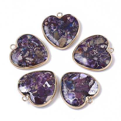 Кулоны из синтетического золота с регалитом, императорской яшмой и морской яшмой, с фурнитурой из позолоченной латуни, окрашенные, сердце