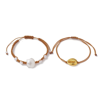 2Pcs 2 Style Shell Shape Acrylic Braided Bead Bracelets Set with Nylon Cords