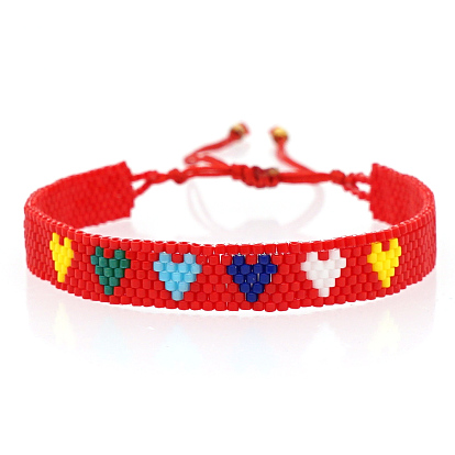 Miyuki Seed Braided Bead Bracelet, Flat Band with Heart Friendship Bracelet for Women