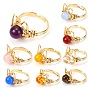 Natural Mixed Gemstone Adjustable Ring, Cat Shape Brass Wire Wraped Ring