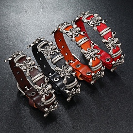 Cowhide Cord Bracelets, Alloy Skull Beaded Gothic Bracelet