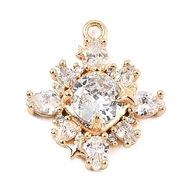 Brass Micro Pave Clear Cubic Zirconia Pendants, Flower Charms