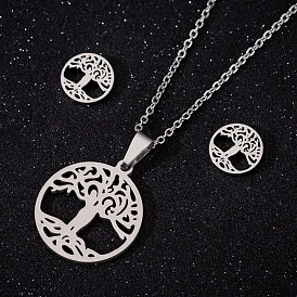 Stainless Steel Tree of Life Set with Hollow Circle Pendant and Long Collarbone Chain for Women, Including Matching Tree of Life Earrings
