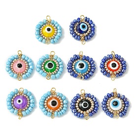 Resin with Glass Seed Beaded Connector Charms, Mixed Color Evil Eye Links