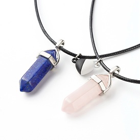 Natural Rose Quartz & Lapis Lazuli Double Terminated Pointed Pendants Necklaces Set for Couples Best Friends, Magnetic Heart Alloy Clasps Necklaces