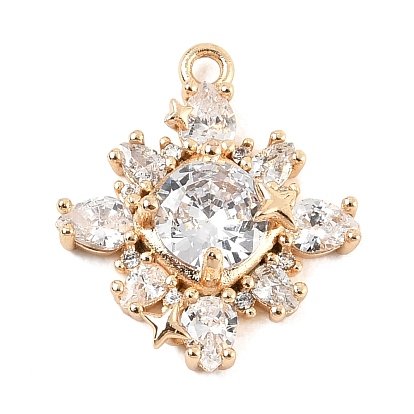 Brass Micro Pave Clear Cubic Zirconia Pendants, Flower Charms