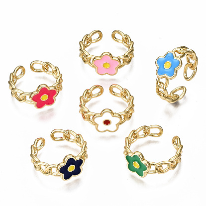 Brass Enamel Cuff Rings, Open Rings, Nickel Free, Curb Chain, Flower, Real 16K Gold Plated