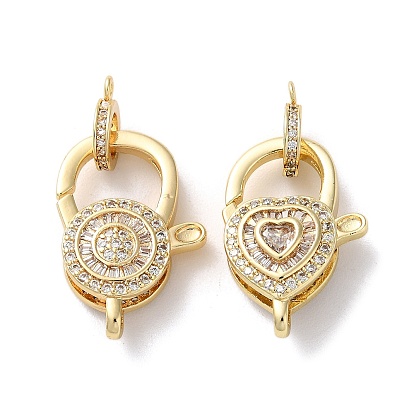 Застежки-лобстеры с прозрачным кубическим цирконием и латунным паве, плоское круглое сердце