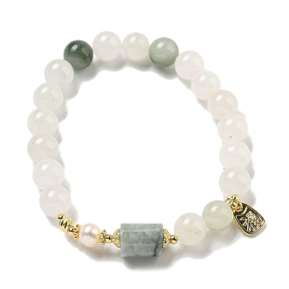 Round Natural Quartz Beaded Stretch Bracelets, Faceted Column Jade & Pearl Bracelets for Women