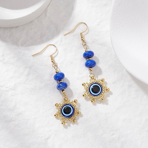 Серьги-подвески из бисера из стекла и смолы от сглаза и солнца, золотые, с синтетической императорской яшмой