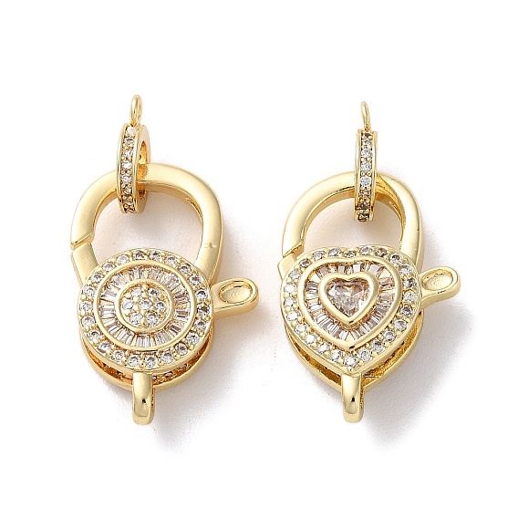 Застежки-лобстеры с прозрачным кубическим цирконием и латунным паве, плоское круглое сердце
