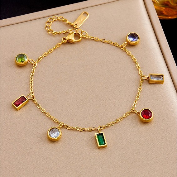 304 Pulseras rectangulares planas redondas de acero inoxidable con circonitas cúbicas de colores para mujer