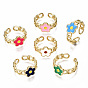 Brass Enamel Cuff Rings, Open Rings, Nickel Free, Curb Chain, Flower, Real 16K Gold Plated