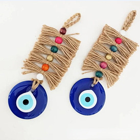 Turkish Flat Round with Evil Eye Glass Pendant Decorations, with Wood Bead and Jute Cord Wall Hanging Ornaments