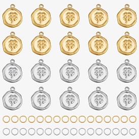 20Pcs 2 Colors 304 Stainless Steel Pendants, Flat Round with Clover, with 40Pcs Jump Rings