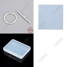 2 Sets 925 Sterling Silver Toggle Clasps, Ring, with Double Sided Suede Fabric Silver Polishing Cloth