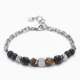 Natural Stone Beaded Matte Bracelet for Men with Stainless Steel Charm