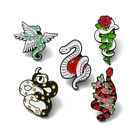 Snake with Wing/Apple/Flower Enamel Pins, Black Tone Alloy Brooches for Backpack Clothes