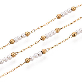 304 кабельные цепи из нержавеющей стали, круглые, с ABS имитации жемчуга, реальный 18 k позолоченный, пайки, с катушкой