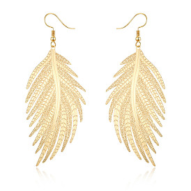 Minimalist Feather Earrings with Leaf Pendant and Metal Hook Jewelry