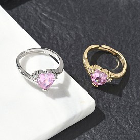 Регулируемые латунные кольца на палец с розовым сердечком из кубического циркония — подарок на День святого Валентина., долговечный