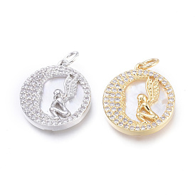 Brass Micro Pave Cubic Zirconia Pendants, with Jump Rings and Natural Shell, Long-Lasting Plated, Cadmium Free & Lead Free & Nickel Free, Flat Round with Angel, Clear