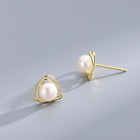 925 Silver Triangle Line Freshwater Pearl Stud Earrings - Minimalist, Sophisticated, Summer Trend.