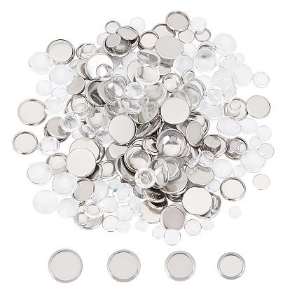 DIY Cababochon Kits, with Flat Round 304 Stainless Steel Plain Edge Bezel Cups, Cabochon Settings, Transparent Glass Cabochons, Half Round/Dome