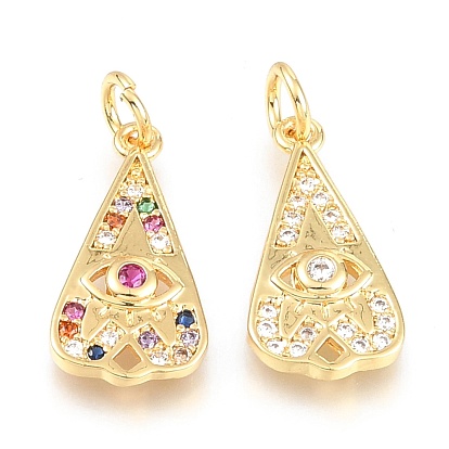 Brass Micro Pave Cubic Zirconia Pendants, Long-Lasting Plated, with Jump Ring, Drop with Eye, Real 18K Gold Plated