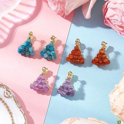 3пары латунных серег-колец из натурального агата, натурального аметиста и натурального апатита, круглые