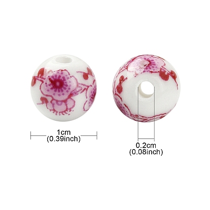 Handmade Printed Porcelain Round Beads, with Flower Pattern