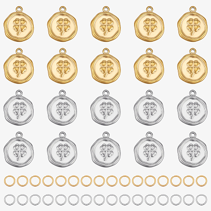 20Pcs 2 Colors 304 Stainless Steel Pendants, Flat Round with Clover, with 40Pcs Jump Rings