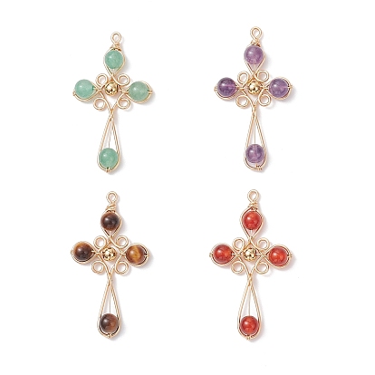 4 шт. 4 стили подвески из натурального аметиста и сердолика (окрашенного и нагретого), зеленого авантюрина и тигрового глаза, крестики-подвески с медной проволокой, обвитой круглыми латунными бусинами